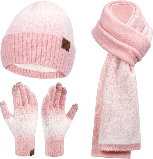 Womens Winter Knit Beanie Hats and Touchscreen Gloves Long Scarf Set with Warm Fleece Lined Skull Caps Scarves for Women