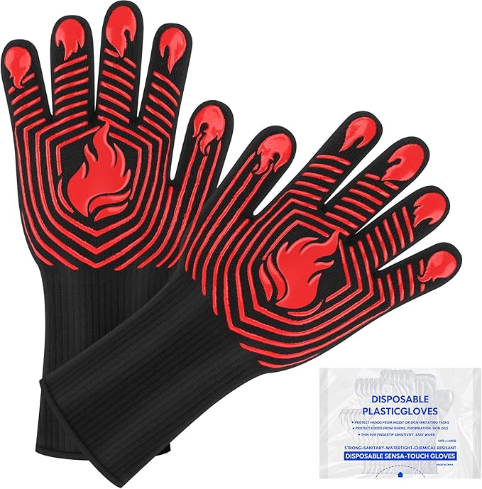 BBQ Gloves, 1472°F Heat Resistant Gloves Fireproof Mitts, Grilling Gloves Silicone Non-Slip Washable Oven Glove, Kitchen Glove for Barbecue, Grilling, Cooking, Baking, Camping, Smoker (Red)