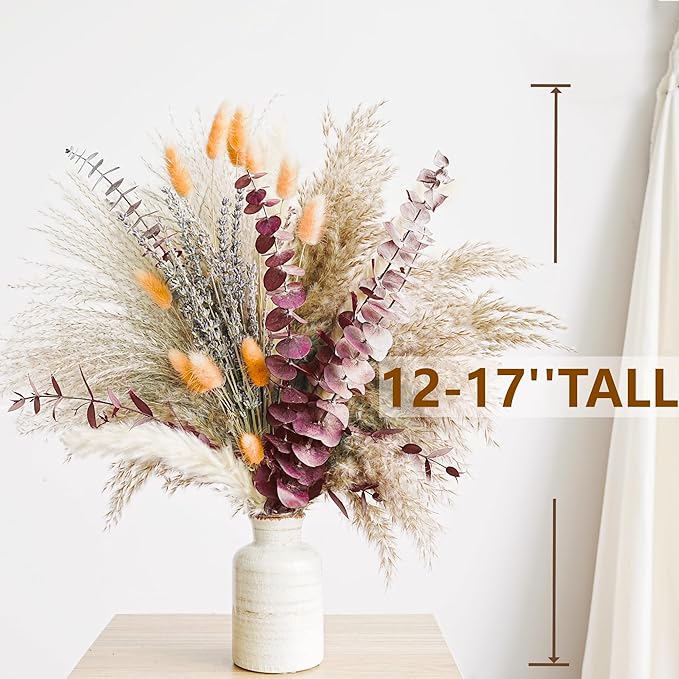 Fall Dried Flower Bouquet with Pampas Grass, Orange Bunny Tails, Lavender & Red Eucalyptus –Boho Fall Decor for Home, Vase, Porch & thanksgiving –Autumn Floral Arrangements for Fall Decorations Indoor