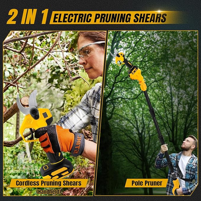 Cordless Pruning Shears Compatible with Dewalt 20V, Electric Pruning Shears with Extension Pole up to 4.57m Range, LCD Display 30 mm Battery Pruning Shears & Loppers for Garden (No Battery)
