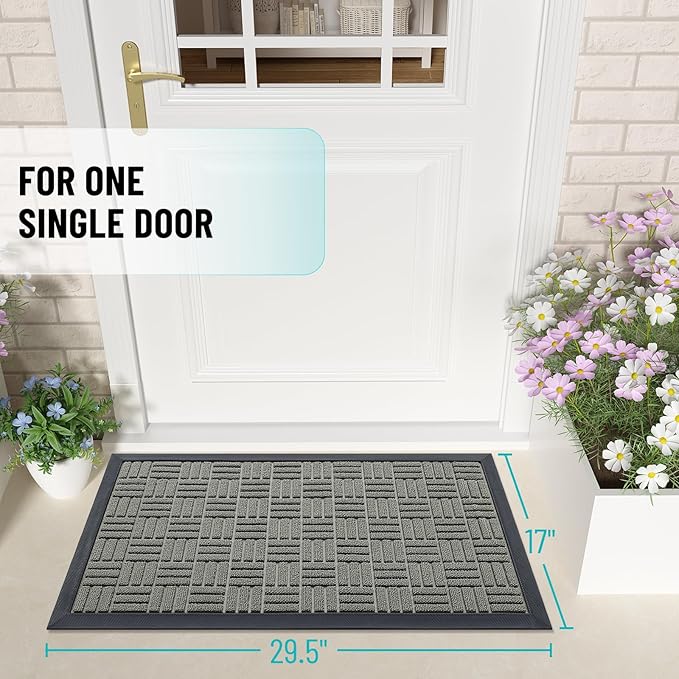 OLANLY Front Door Mat Outside Entrance 29.5x17, Absorbent, Heavy Duty Sturdy Natural Rubber Doormat Indoor Outdoor, Non-Slip, Stain and Fade Resistant, Low Profile Floor Mat for Entryway, Modern Gray