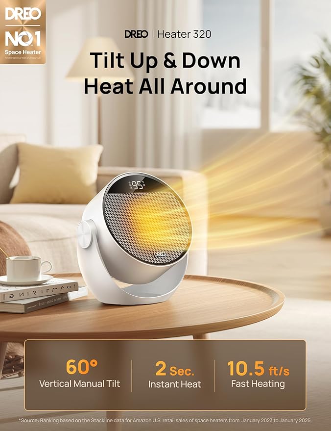 DREO Space Heater 1500W, 60° Adjustable Tilt, 10.5ft/s Portable Electric Heaters for Indoor Use with Thermostat, 8 Safety Protections, 3 Modes, Remote, Quiet Desk Heater for Bedroom, Office, White