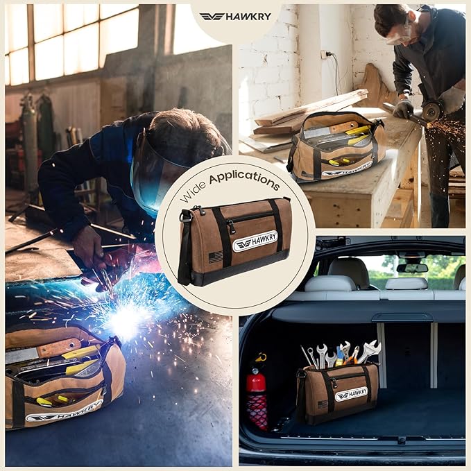 HAWKRY Canvas Tool Pouch – Brown Tool Bag for Tool Storage, DIY, Electrical, Auto or Hobby Use | Rugged Canvas Organizer with Zipper & Reinforced Base – Compact Utility Pouch for Toolbox or Car