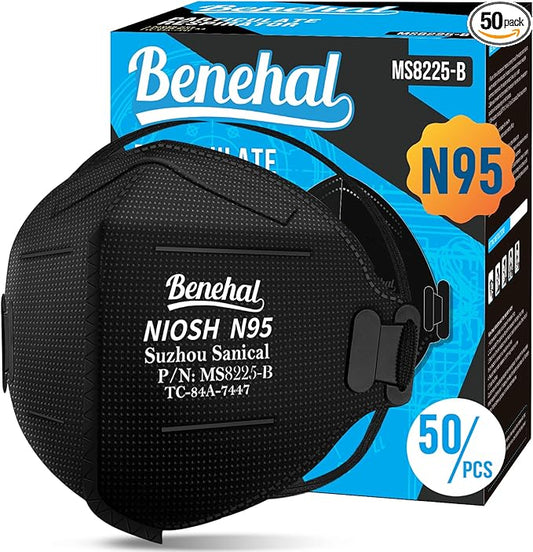 NIOSH Approved N95 Mask Particulate Respirators, Pack of 50 N95 Face Masks, Individually Wrapped, Black