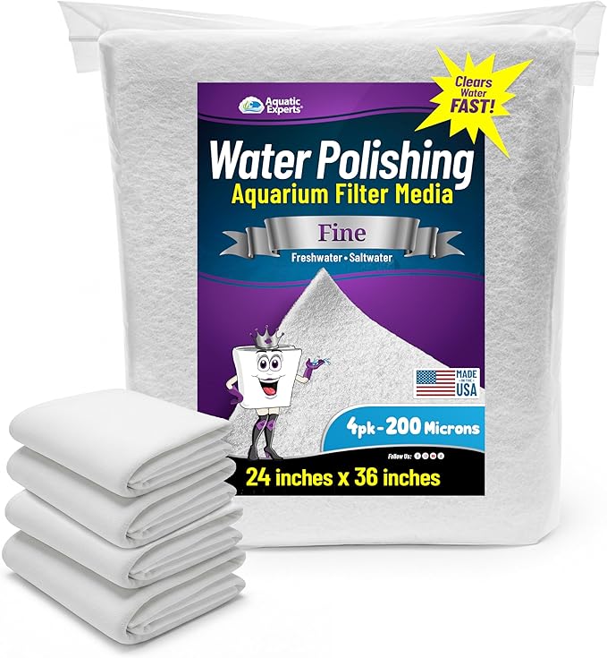 Aquatic Experts Aquarium Polishing Filter Pad, Water Polishing Pad for Aquarium Filters, Filter Floss for Fish Tank Filters, (200 Micron, 24" x 36" - 4 Pack)