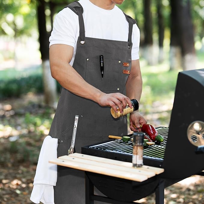 Tosewever Work Aprons for Men with Large Pockets, Canvas Cross Back Heavy Duty Adjustable Tool Aprons for Chef Cooking BBQ