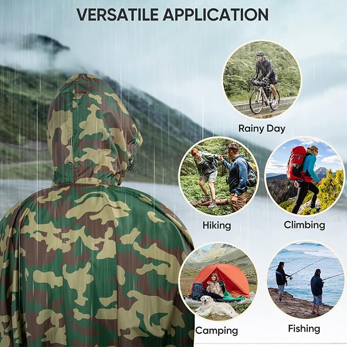 PTEROMY Hooded Rain Poncho for Adult with Pocket, Waterproof Lightweight Unisex Raincoat for Hiking Camping Emergency