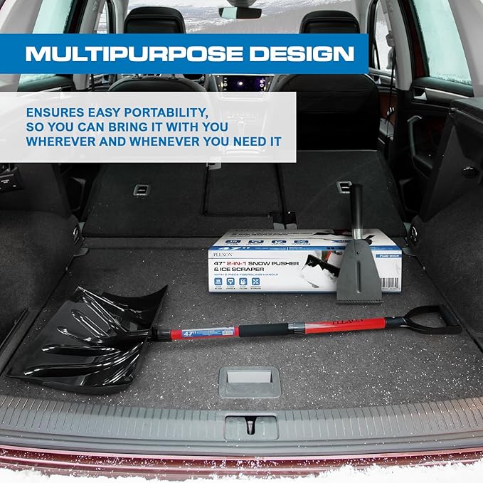 PLEXON Snow Shovel for Driveway Car with Ice Chopper - Ergonomic Collapsible Lightweight Folding Fiberglass Snow Pusher for Snow Removal and Breaking Ice - 18" Width 47", Black, Red