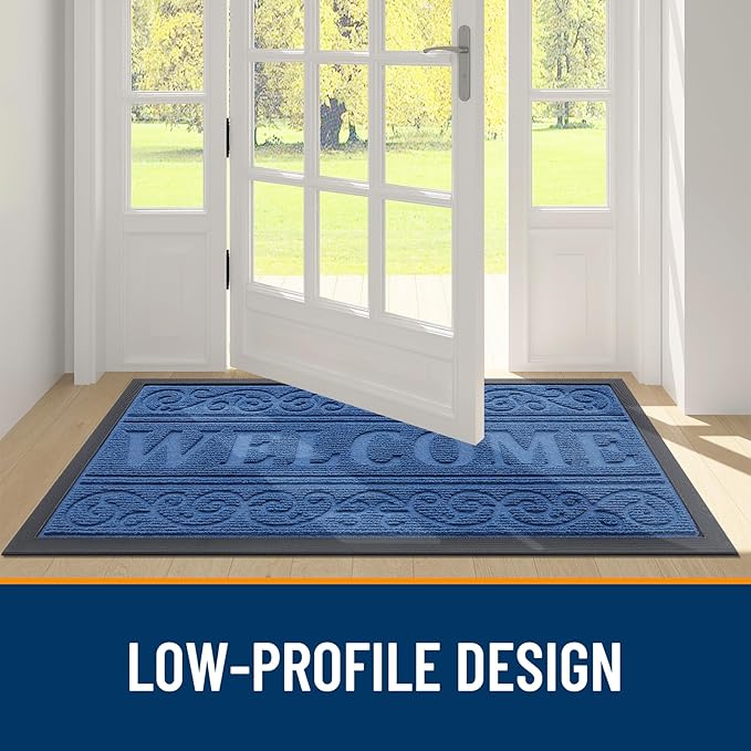 OLANLY Welcome Door Mat Indoor Outdoor Entrance, Heavy Duty Sturdy Front Door Mat, Waterproof All-Weather Doormat, Stain Resistant, Low Profile, Easy Clean Patio Entryway Mat, 36 x 24, Blue