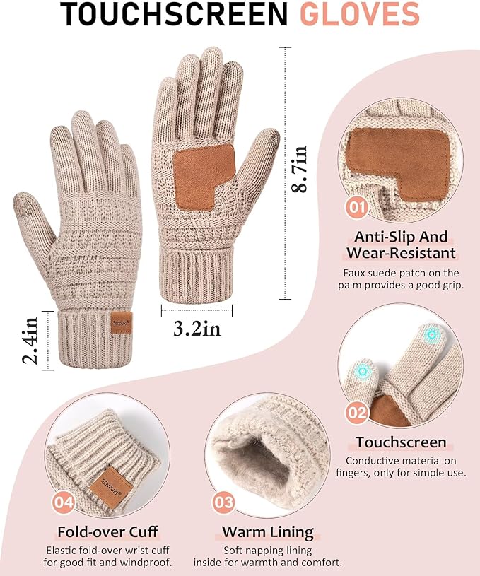 Womens Winter Beanie Hat Scarf Gloves Headband Set, Slouchy Beanie Ear Warmer Knit Scarf Touchscreen Gloves Warm 4 Gift Set