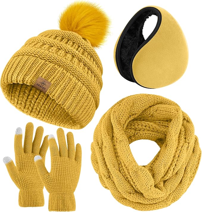 URATOT 4-In-1 Winter Warm Sets Knitted Scarf Touch Screen Gloves Beanie Pompom Hat and Winter Ear Warmer for Men or Women
