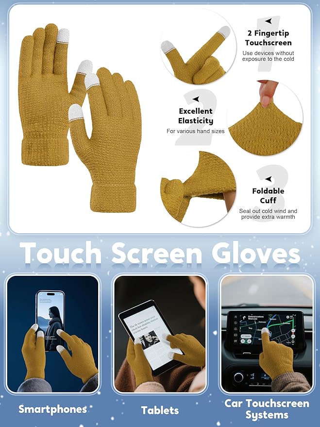 URATOT 4-In-1 Winter Warm Sets Knitted Scarf Touch Screen Gloves Beanie Pompom Hat and Winter Ear Warmer for Men or Women