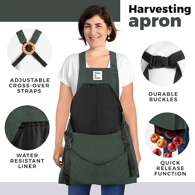 Soil & Sun Gardening Apron with Pockets and Harvesting Pouch - Durable Canvas Design for Men and Women - Convenient Tool Storage and Effortless Harvesting