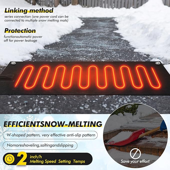 Timgle 3 Pcs Heated Snow Melting Mats, 10 x 30 Inch Non Slip Heated Rubber Mats for Walkways, Snow Ice Melting Pads Connection with 6 ft Power Cord for Winter Outdoor Stairs Doorway Walkway Sidewalks