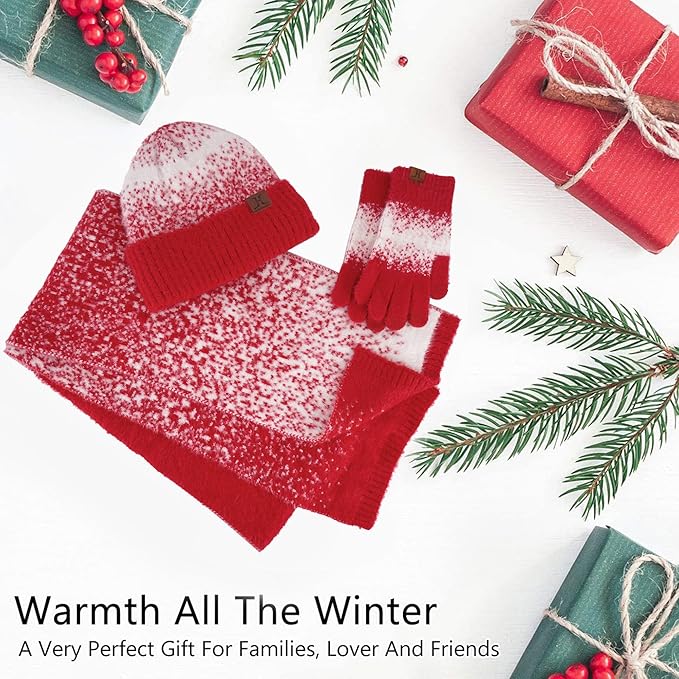 Womens Winter Knit Beanie Hats and Touchscreen Gloves Long Scarf Set with Warm Fleece Lined Skull Caps Scarves for Women