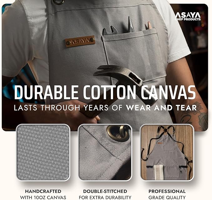 Asaya Chef and BBQ Apron with Bottle Opener and Hand Towel - 10oz Cotton Canvas, Stainless Steel Hardware - Cross Back Straps