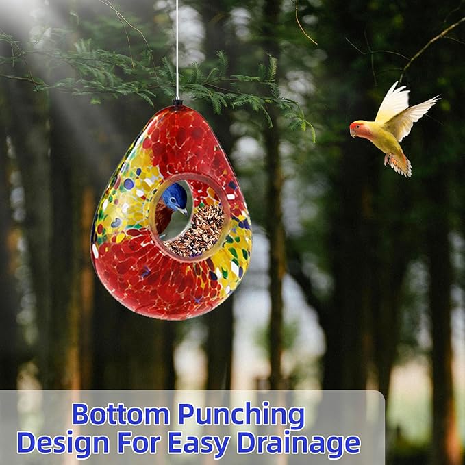 VOREEN Glass Bird Feeder, Handcrafted Hanging Fly-Through Feeder for Outdoor Garden & Backyard, Decorative Wild Bird Feeder with Steel Wire Cable，Red.