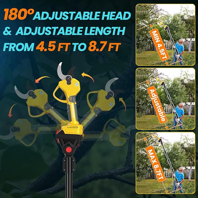 2-in-1 Pole Pruning Shears, 2.6 Inches Opening size Cordless Electric Pole Pruners - Brushless Motor, 2.0Ah*2 Batteries, SK7 Blade, 8.7FT Adjustable Branches Cutter for Tree Trimming
