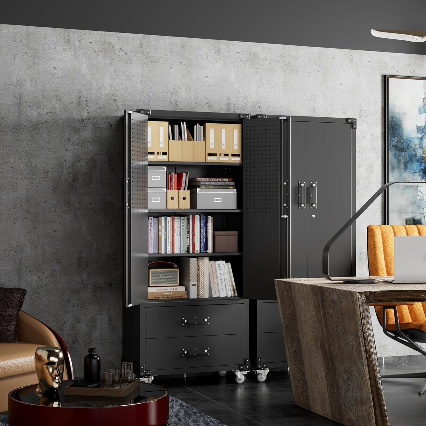 Upgraded Metal Garage Storage Cabinet with Wheels and 2 Drawers, Rolling Tool Cabinet with 3 Shelves and Pegboard Behind The Door for Home Office Garage,Assembly Required,Black