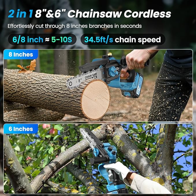 Mini Chainsaw Cordless, 8 Inch & 6 Inch Electric Chain Saw with 2*4000mAh Batteries, Battery Powered Handheld Chain Saw for Trees Trimming Cutter Small Chainsaw Gift for Men Father Husband Male Gadget