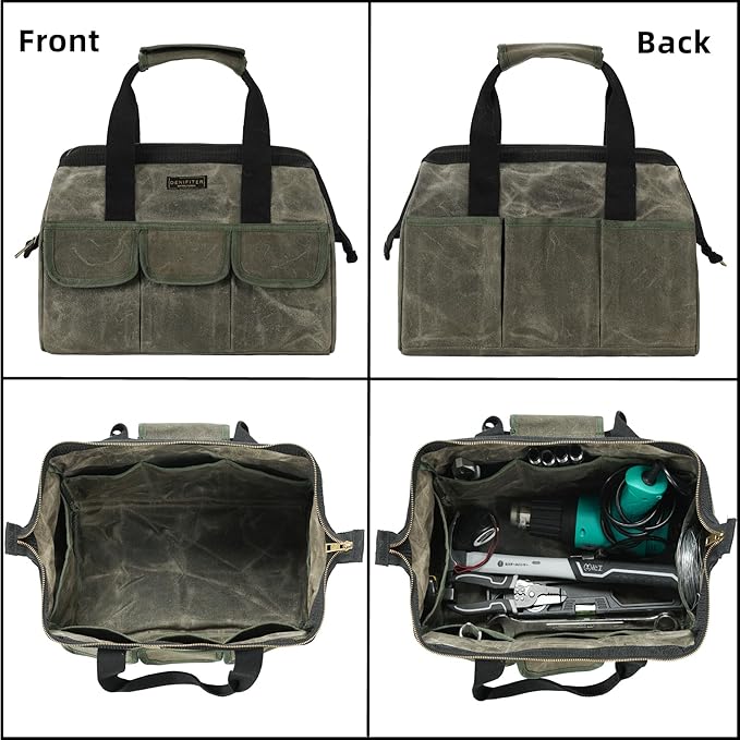 15 Inch Tool Bag, Heavy Duty Waxed Canvas Wide Mouth Water-Resistant Tool Bag, Garden Tool Tote with 15 Pockets | ArmyGreen