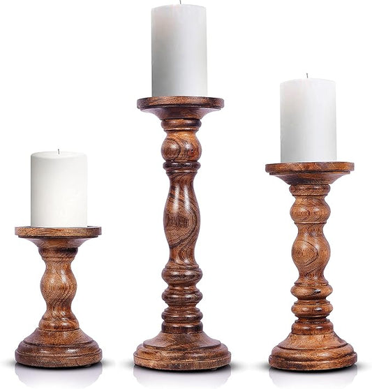 Large Candle Holders for Pillar Candles - Rustic Farmhouse Style Home Decor - Perfect for Table Centerpieces, Coffee Table or Fireplace Mantel - 3 Piece Set - Natural