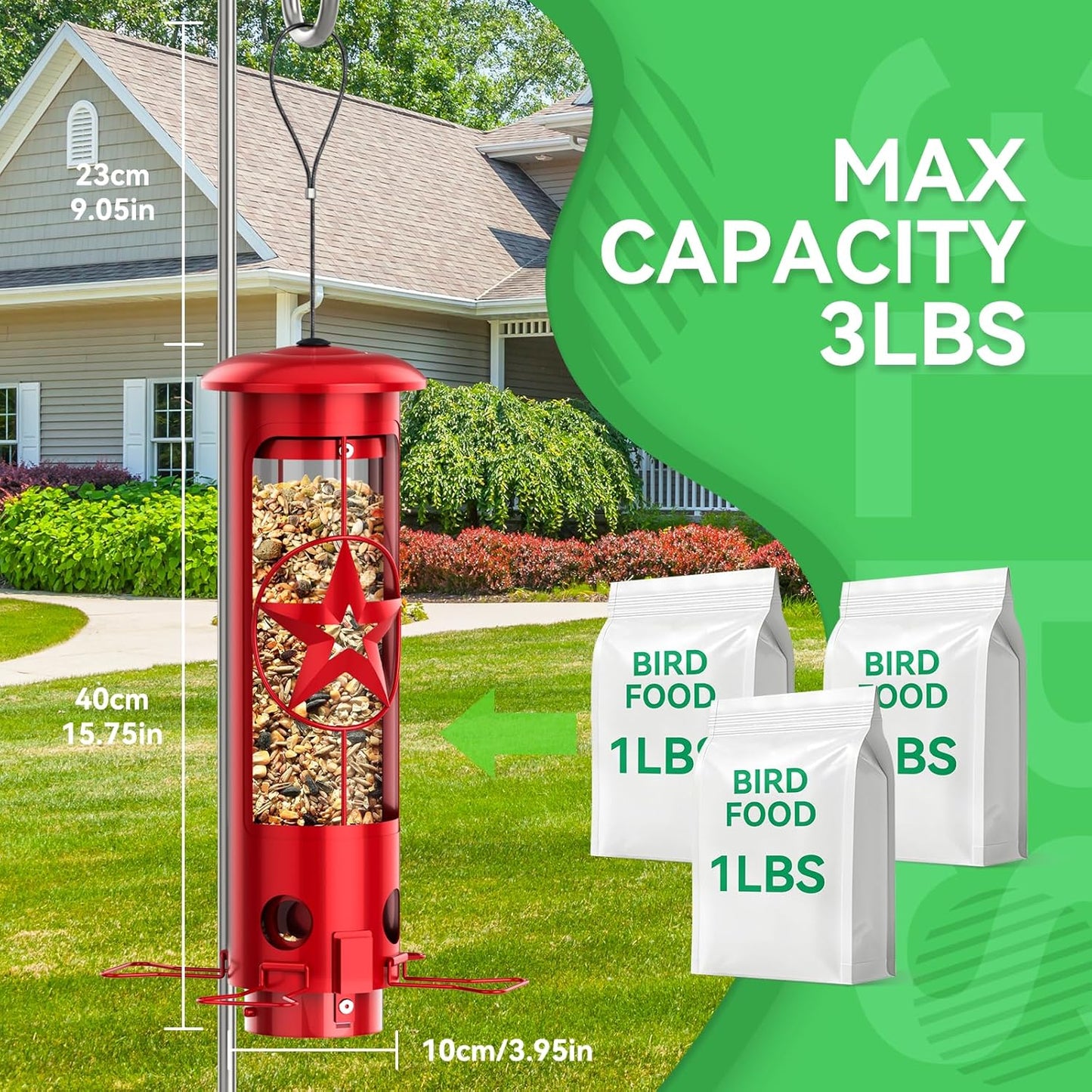 Squirrel Proof Bird Feeders for Outdoors Hanging, Metal Squirrel Proof Bird Feeder with Gravity Protection, 3LB Large Capacity Wild Bird Feeders for Outside Finch, Cardinal, Blue Jay (Red)