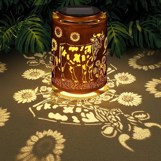 Solar Lanterns Garden Decor Birthday Gifts for Women Mon Grandma Metal Hanging Solar Lights Waterproof Outdoor Decoration for Outside LED Lanterns for Yard Patio Lawn (Cow)