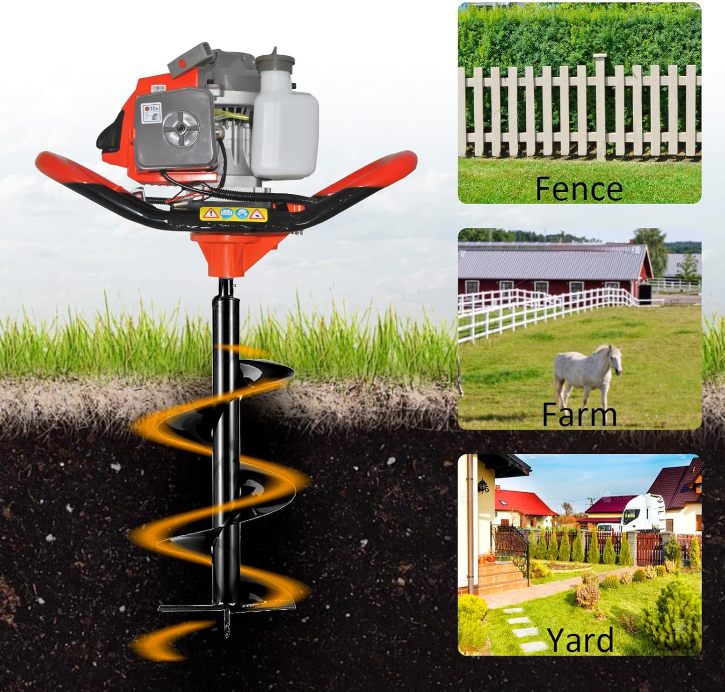 72cc 4HP Post Hole Digger Gas Powered, Gas Earth Auger/Ice Auger, with 3 Drill Bits 4"/8"/12" + 2 Extension Bar, One Man Earth Auger for Planting Fence, EPA Compliant Post Hole Auger