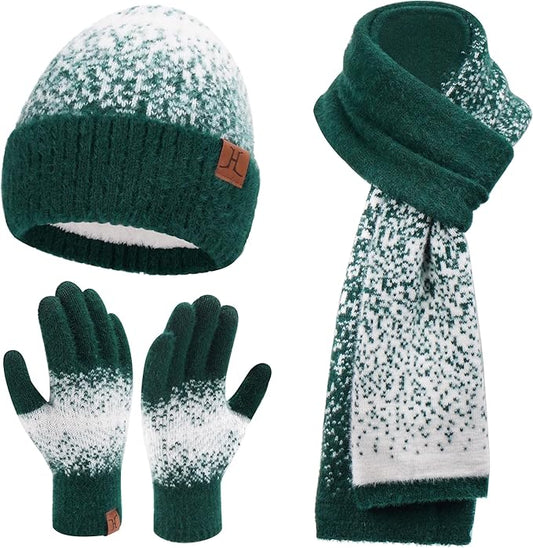 Womens Winter Knit Beanie Hats and Touchscreen Gloves Long Scarf Set with Warm Fleece Lined Skull Caps Scarves for Women