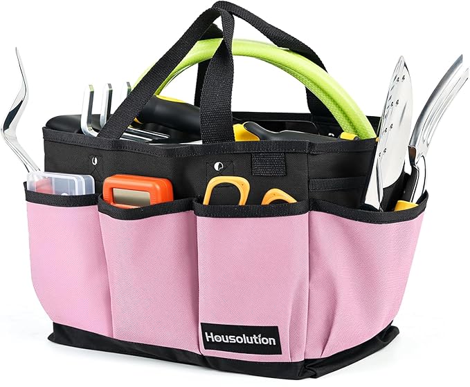 Housolution Gardening Tote Bag, Deluxe Garden Tool Storage Bag and Home Organizer with Pockets, Wear-Resistant & Reusable, 14 Inch, Pink