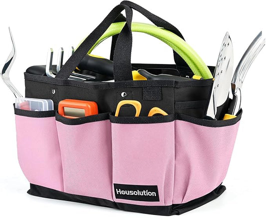 Housolution Gardening Tote Bag, Deluxe Garden Tool Storage Bag and Home Organizer with Pockets, Wear-Resistant & Reusable, 14 Inch, Pink