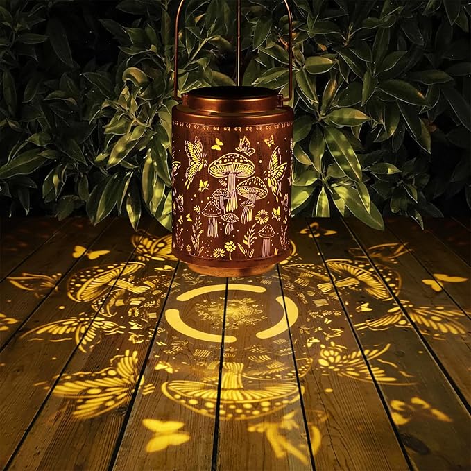 Solar Lanterns Outdoor Waterproof Mushroom Butterfly Garden Decor Gifts for Women Mon Grandma Metal Hanging Solar Lights Decoration for Outside LED Lanterns for Yard Patio Lawn