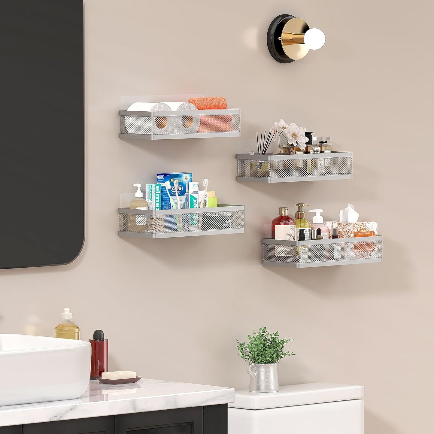 PUSDON Metal Wall Hanging Basket 2 Packs DIY Suitable for Multiple Scenes - Middle Silver Grey Netting