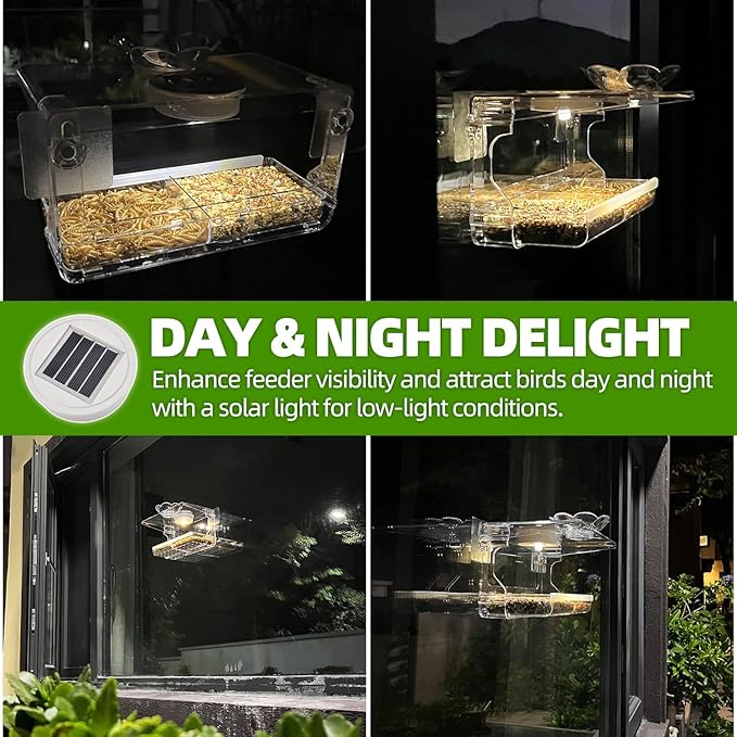 Window Bird Feeder with Non-Marking Self-Adhesive Hooks, Clear and Transparent, Outdoor Wild Bird Watching Gift, Garden Decor (with Solar Light)