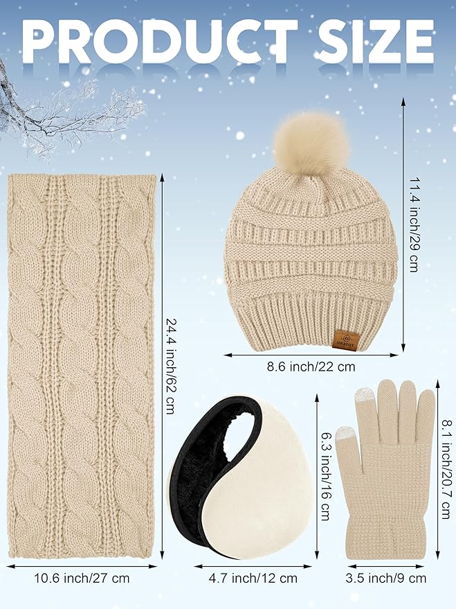 URATOT 4-In-1 Winter Warm Sets Knitted Scarf Touch Screen Gloves Beanie Pompom Hat and Winter Ear Warmer for Men or Women