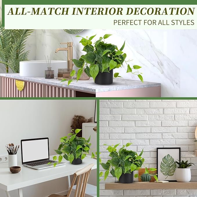 JPSOR Artificial Indoor Plants for Home Decor, 12 inches Pothos in Black Ceramic Pot with Iron Wire, 1 Count