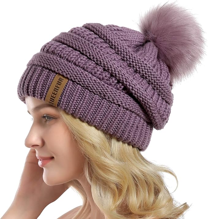 QUEENFUR Women Knit Slouchy Beanie Chunky Baggy Hat with Faux Fur Pompom Winter Soft Warm Ski Cap