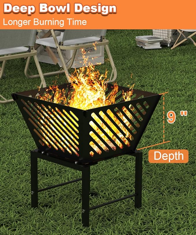 Outdoor Fire Pit — 17 Inch Portable with Storage Bag for Camping, Patio Heating, Picnic and BBQ, Trapezoid Diagonal Hollow, Black
