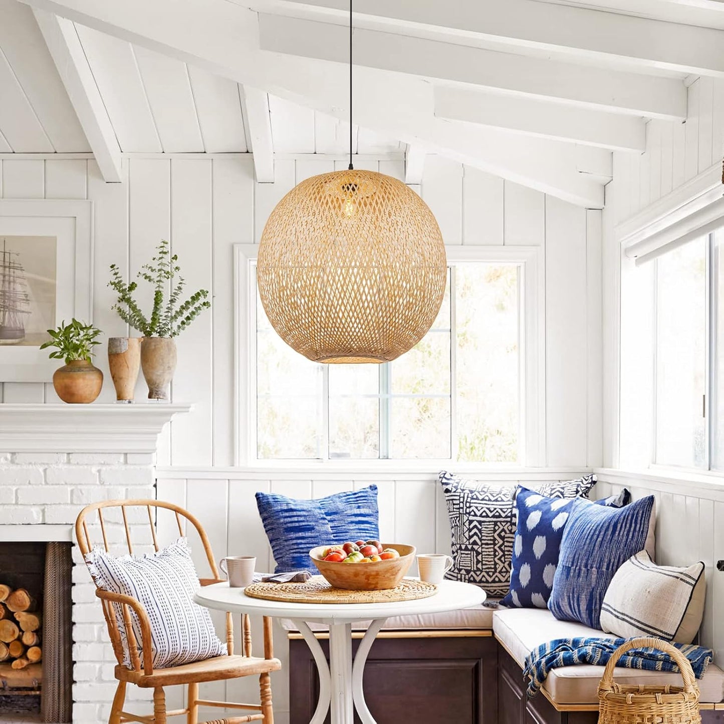 Arturesthome Round Bamboo Pendant Lights, Wicker Chandelier Hand-Woven Boho Basket Lampshade Hanging Ceiling Light for Kitchen Island Living Room