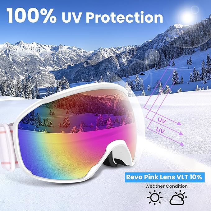 COOLOO Ski Goggles, OTG Snow Goggles for Adult Men Women Youth, Snowboard Goggles Over Glasses, Anti-fog, UV Protection