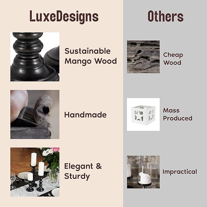 Large Candle Holders for Pillar Candles - Decorative Rustic Centerpiece Pillars Compatible with Battery-Operated Candles - Tall Farmhouse Wooden Candle Holders Pillar - Set of 3