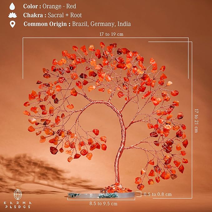 Carnelian Healing Crystal Tree of Life for Home and Office Decor, Positive Energy, Wealth, Good Luck, Reiki Healing Crystals and Stones, Handmade Feng Shui Decoration, Birthday Gifts for Women, Mom