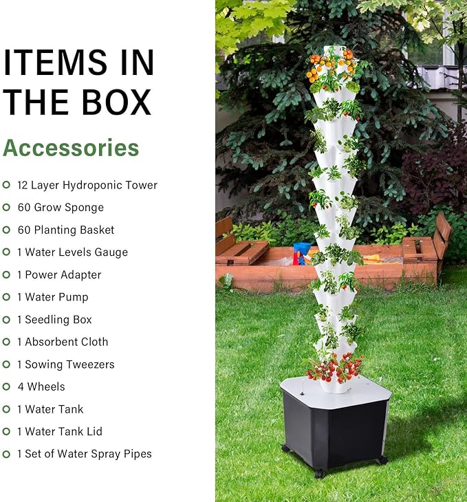 10 Tier 50 Plant Sites Hydroponic Garden Tower Vertical Planting Kit – Large Tank Indoor Outdoor HerbVegetable Garden System with Automatic Water Circulation Timer for Lettuce Tomatoes Fruits