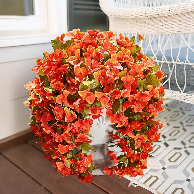 Bougainvillea Artificial Flowers Plants for Outdoors Outside Fall Autumn Decor, 2 pcs Faux Silk Long Trailing Vines UV Resistant Look Real Orange Fake Flowers for Front Door Porch Planter Urn Patio