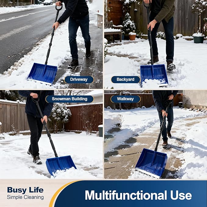 Yocada Snow Shovel for Driveway Home Garage Snow Removal 55 inch Long with D-Grip Handle Aluminum Strip Large Capacity Shovel for Garden Car Camping Outdoor