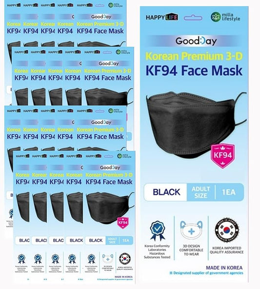 Good Day Black Disposable KF94 Face Mask, 4-Layer Filters, Made in Korea, Nose Mouth Covering Dust Mask (individual Packed)