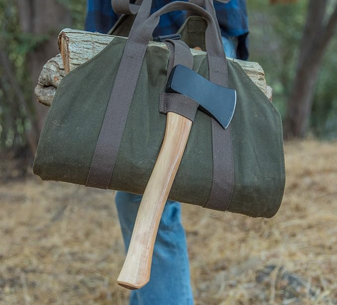 Heavy Duty Waxed Canvas Firewood Log Carrier Bag Tote – Unique Dual Handles allow Secure Comfortable grip with various load sizes. Cinch Strap holds all wood in place (Olive/Olive)