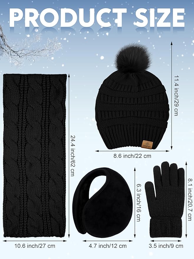URATOT 4-In-1 Winter Warm Sets Knitted Scarf Touch Screen Gloves Beanie Pompom Hat and Winter Ear Warmer for Men or Women