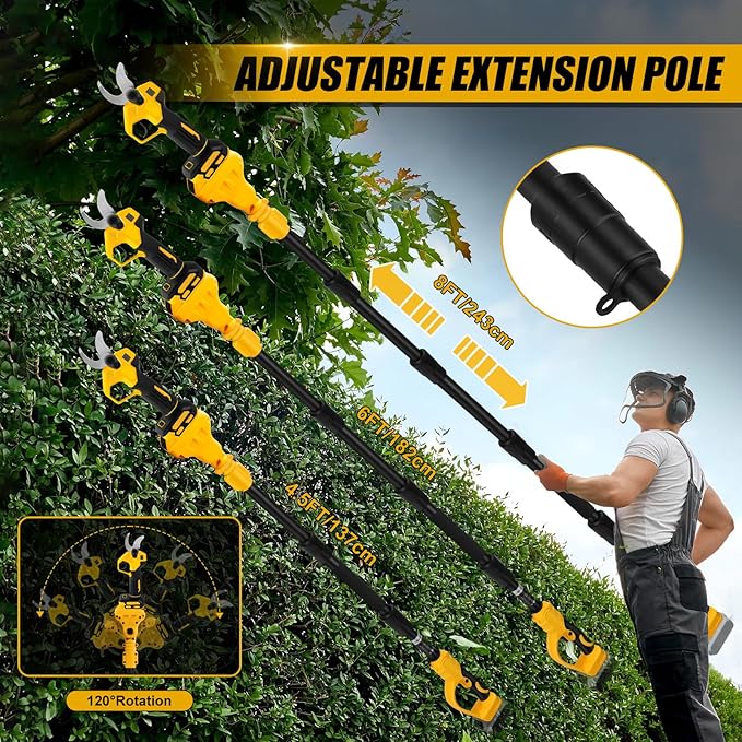 Cordless Pruning Shears Compatible with Dewalt 20V, Electric Pruning Shears with Extension Pole up to 4.57m Range, LCD Display 30 mm Battery Pruning Shears & Loppers for Garden (No Battery)